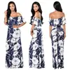 Summer Navy Floral Print Off The Shoulder Ruffle Maxi Dress For Vacation