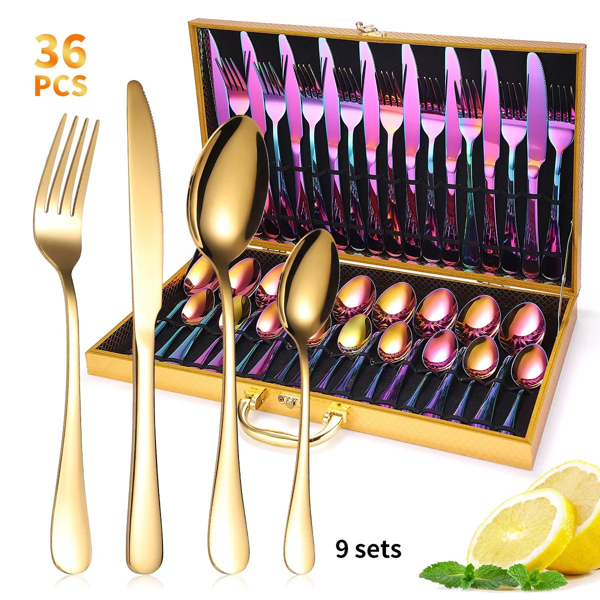 

Food Grade Stainless Steel Golden Cutlery Flatware Set 36PCS Silverware Spoon Fork Knife, Silver/gold/rose gold/multicolored/black