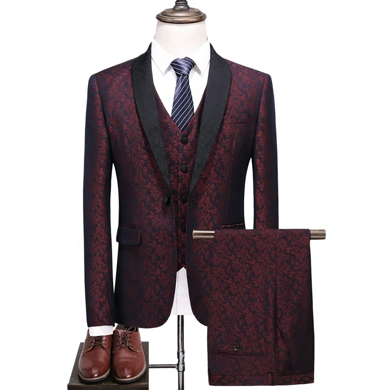 Printed High Quality 3 Pieces Ready To Ship Burgundy Suits Set For Men