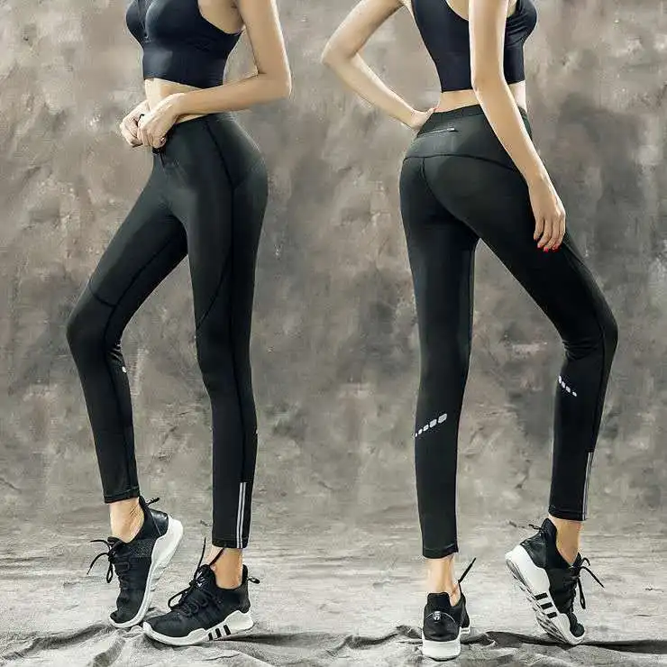 

Peach Hips Tight Stretchy Slim Compareable Femal Girl Reflective Marks Yoga Pants Sportswear Jogging Run Legging, Black