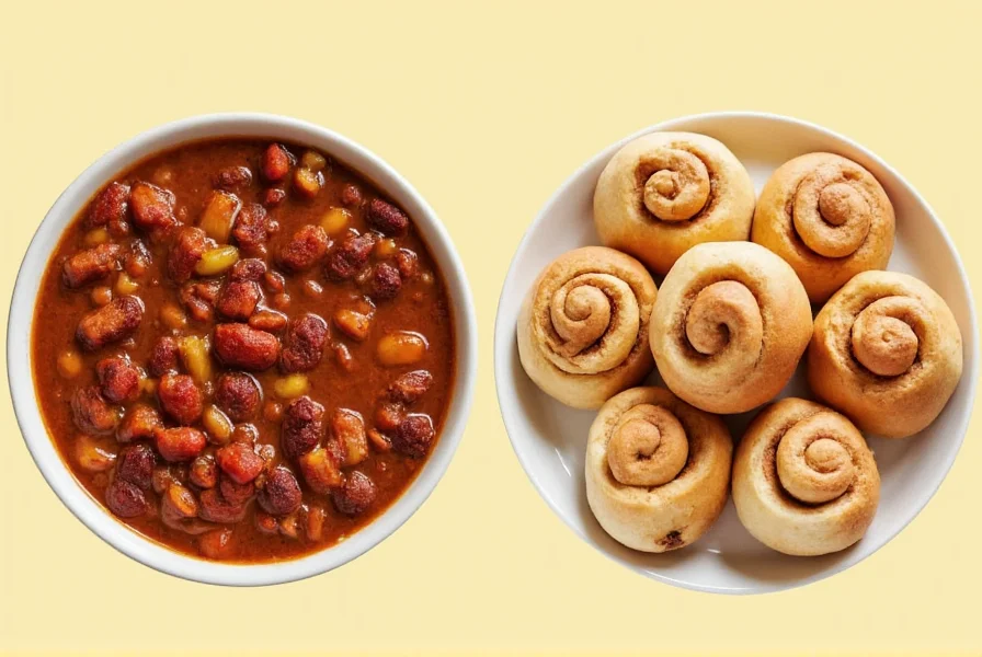 Sweet potato chili with cinnamon finish served alongside chipotle-cinnamon swirl rolls
