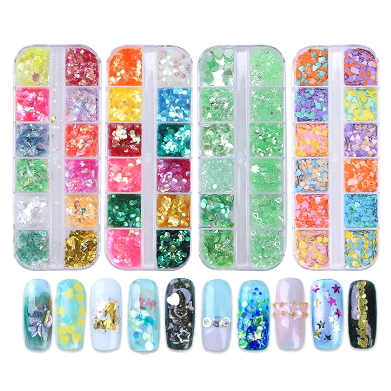 

Hot Selling 12 Grids Box Nail Glitter Sequins Mixed Color 3D Nail Art Manicure DIY, Picture shown