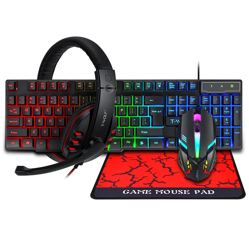 

OEM Hot sale 4 in 1 Backlit wired Gaming Mouse Keyboard Combo gamer with RBG backlight earphone mouse pad for PC gaming office