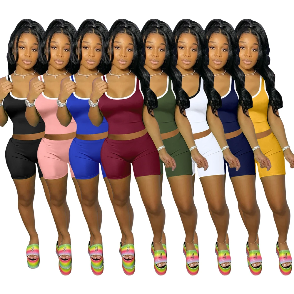 

2021 New Style Crop Top Two-piece Casual Set Solid Color Sling Sports Suit 2-piece Shorts Set