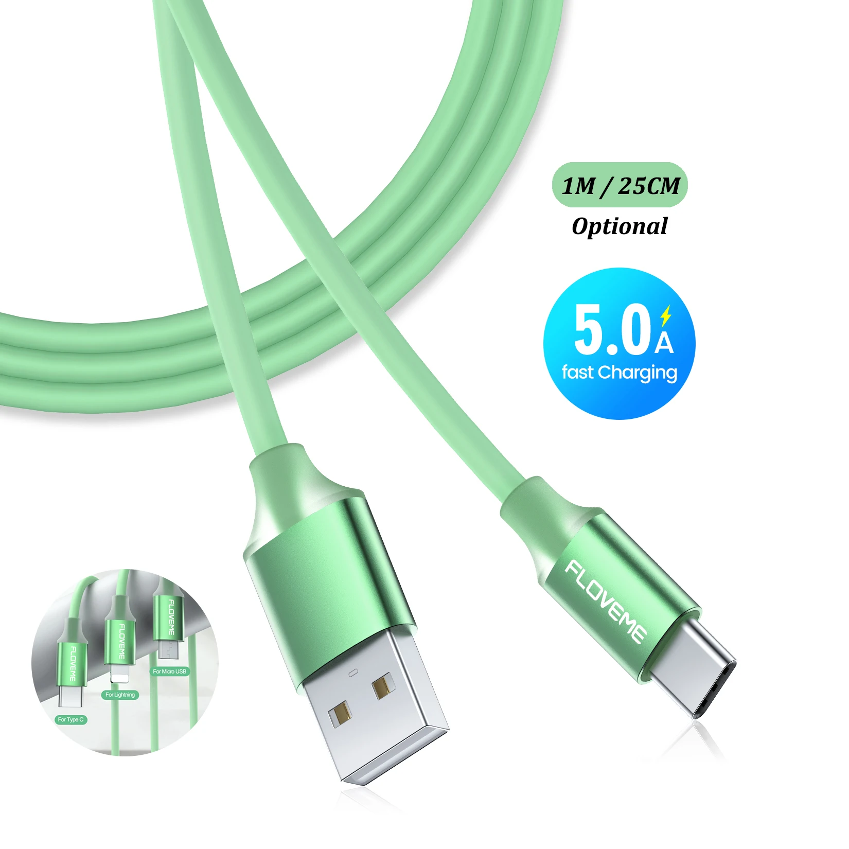 

Free Shipping 1 Sample OK E-Packet FLOVEME Light Green 5A Data Cable 25CM 1M Optional USB Charging Cable For Xiaomi