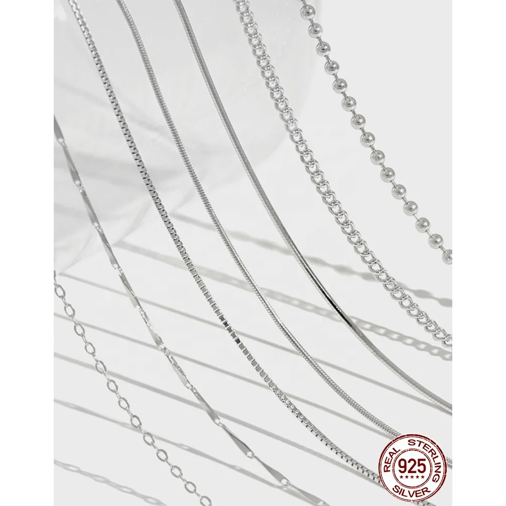 

Dainty Basic S925 Sterling Silver Chain Necklace Set Box Seed Snake Cuban Chain Platinum Plated Silver Chain Necklaces