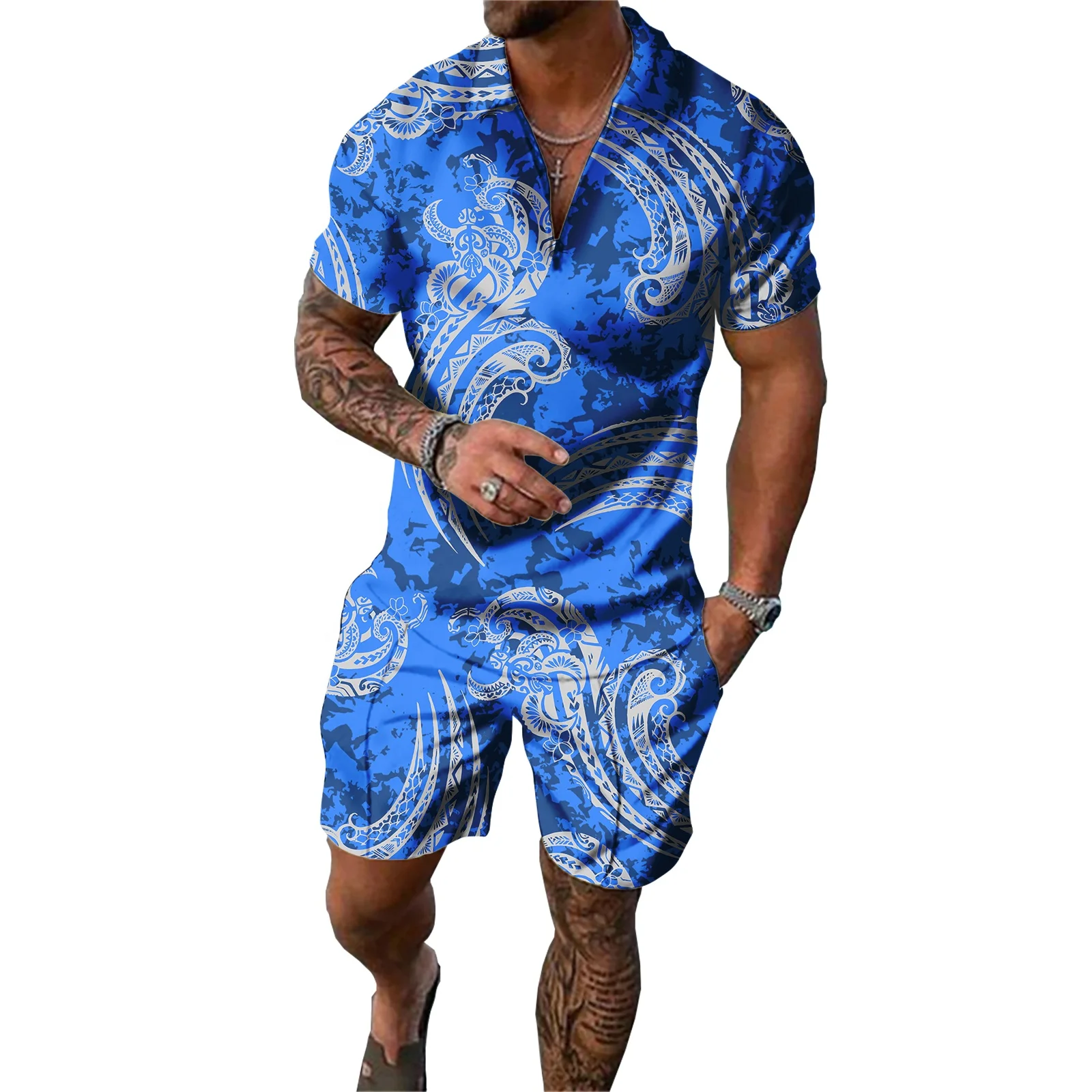 Polynesian Tradition Tribal Floral Hawaiian Shirts Man Clothing for Men Shirts Short Sleeve Polo Shirts And Shorts Sports Set