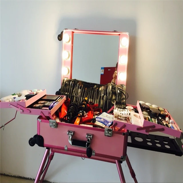 

Easy to carry Aluminum Lighted Makeup box with Mirror Professional beauty box Large capacity with Bulb, Pink, white, black