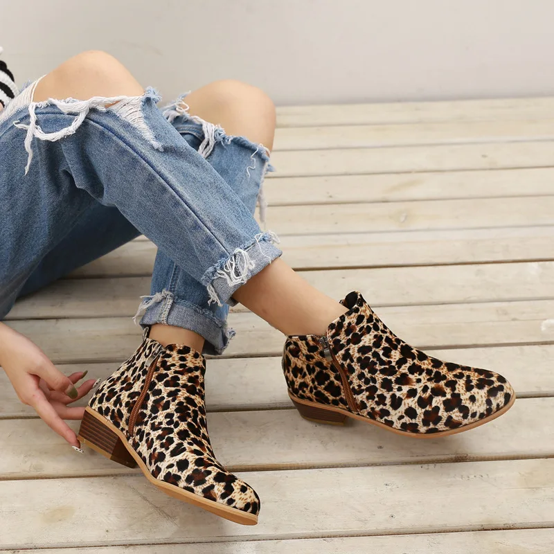 

Women Boot Leisure Round Toe Chunky Heel Shoes Sexy Leopard Low Heel Platform Martin Ankle Boot Ladies PU Leather Western Shoes, Picture colors