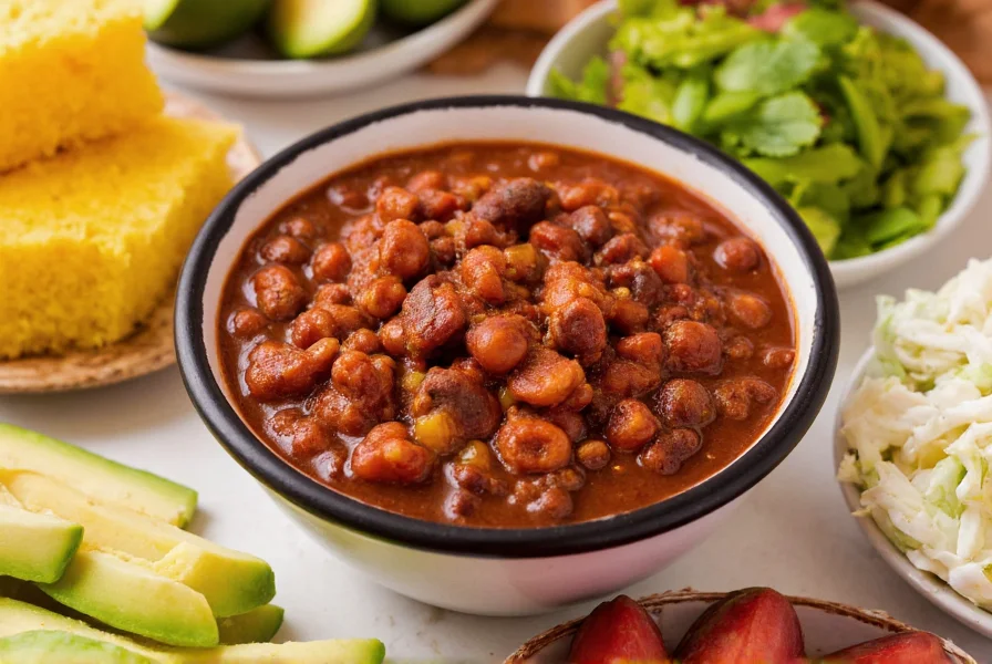 Close-up of a bowl of chili with various side dishes arranged around it including cornbread, avocado slices, and coleslaw