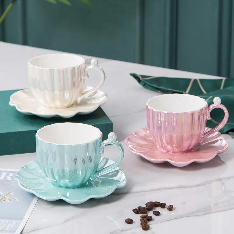 

wholesale Ceramic new arrival Petal Pearl Plating Coffee Cup Home Breakfast Oatmeal Milk Cup for girls, Pink,white,green