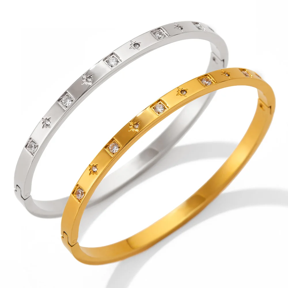 

Luxury Gold Plated Oval Zircon Cuff Bracelets Stainless Steel Pave Zircon Bangle