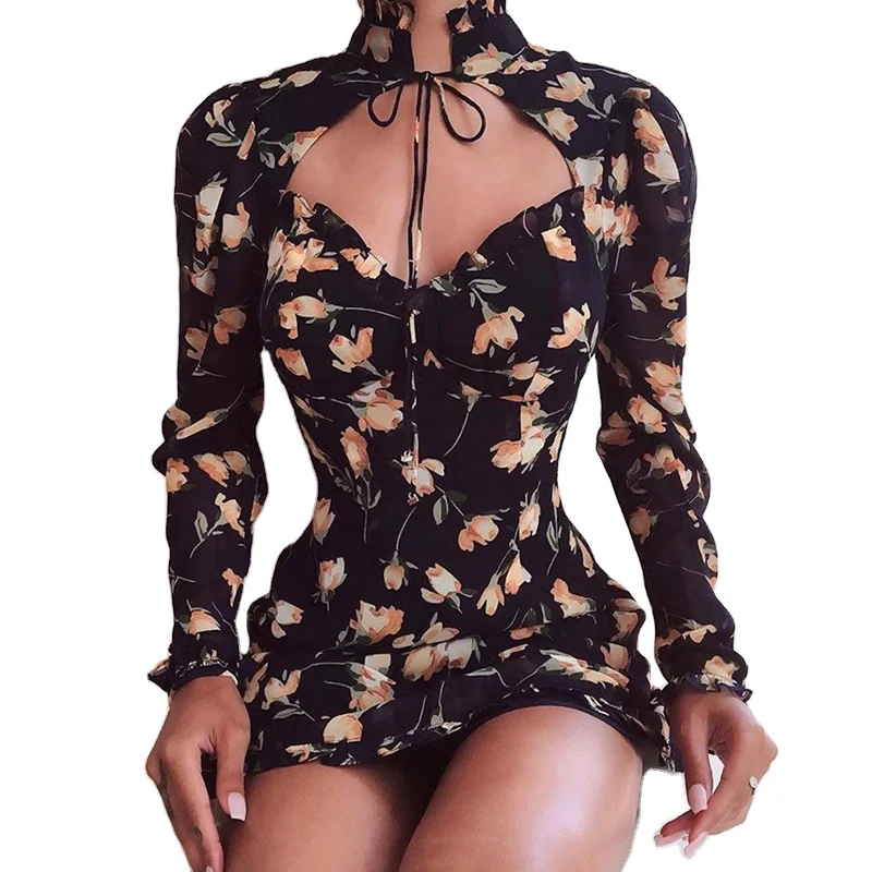 

Cryptographic Long Sleeve Hollow Out Dresses Women Sexy Lace Up Turtleneck Print Floral Mini Fashion Autumn Dress