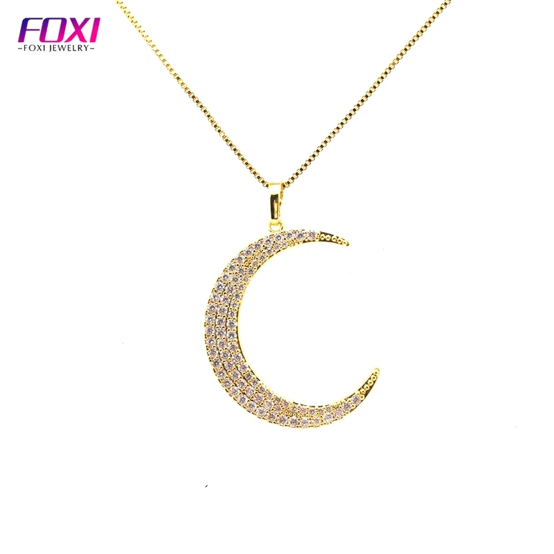 

Hot Selling Wuzhou Foxi Jewelry Paved Crescent Moon Joias De Zirconia Bijuteria 18k Gold Plated Brass Pendants