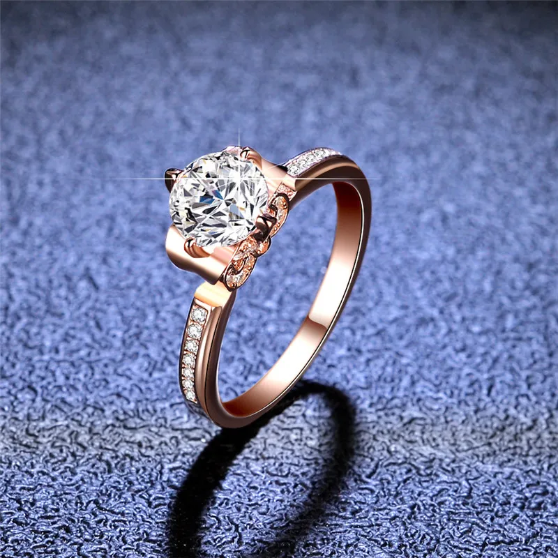 

Rose Gold 1 Carat Brilliant Cut Diamond Test Past D Color Moissanite Blossom Ring Silver 925 Original Gemstone Wedding Rings