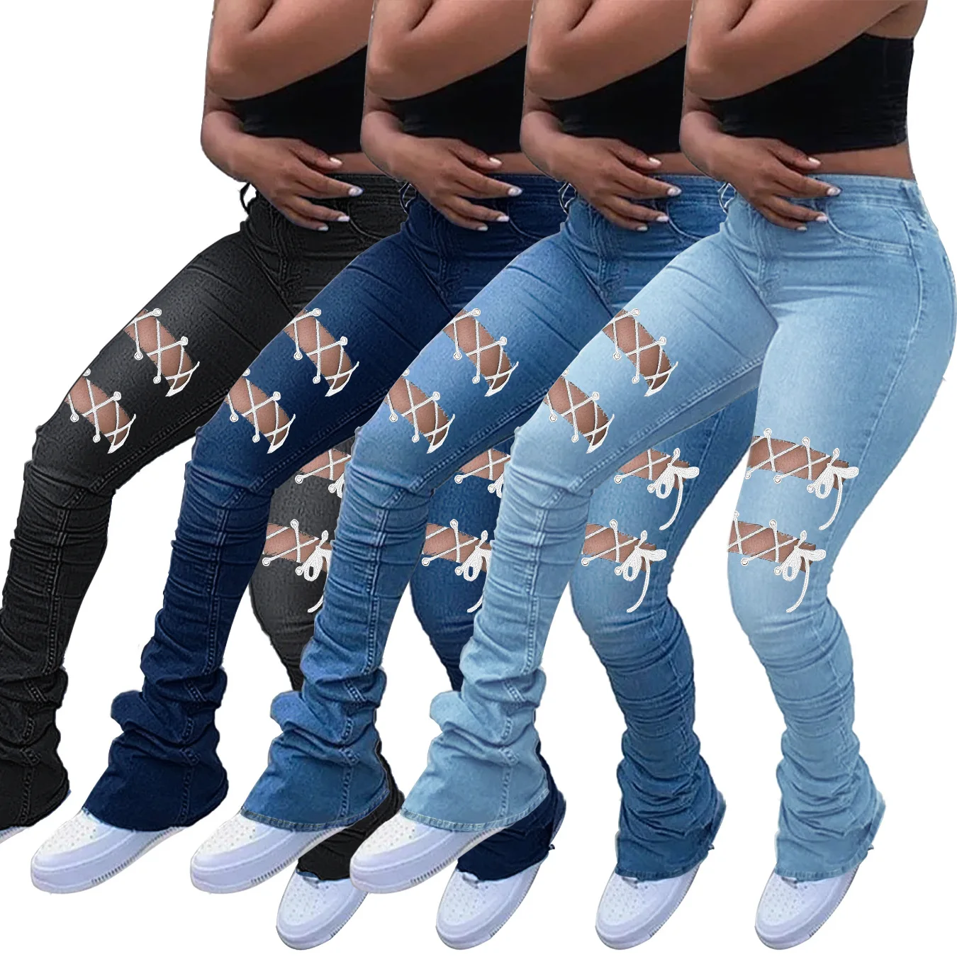 

Classic 4 Color Women's Cross Bandage Hollow Out High Waist Stacked Denim Jeans