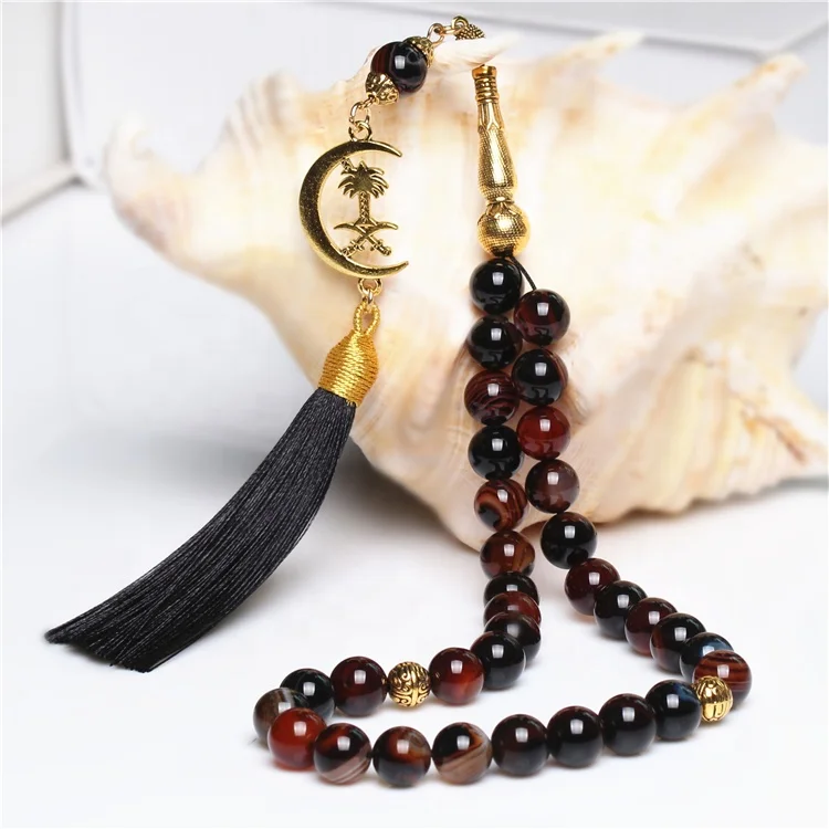 

Natural Black Dream Stone Gold Tassel Islamic Misbaha Subah Muslim Rosary Tespih Prayer Beads Tasbih