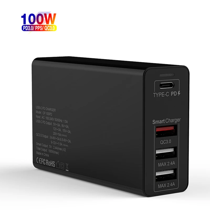 

Fast Charging PD 100W 2C 2A 4 Port Wall Charger GaN Adapter USB C Type C Portable Travel Adapter Changeable US EU UK AU KS Plug