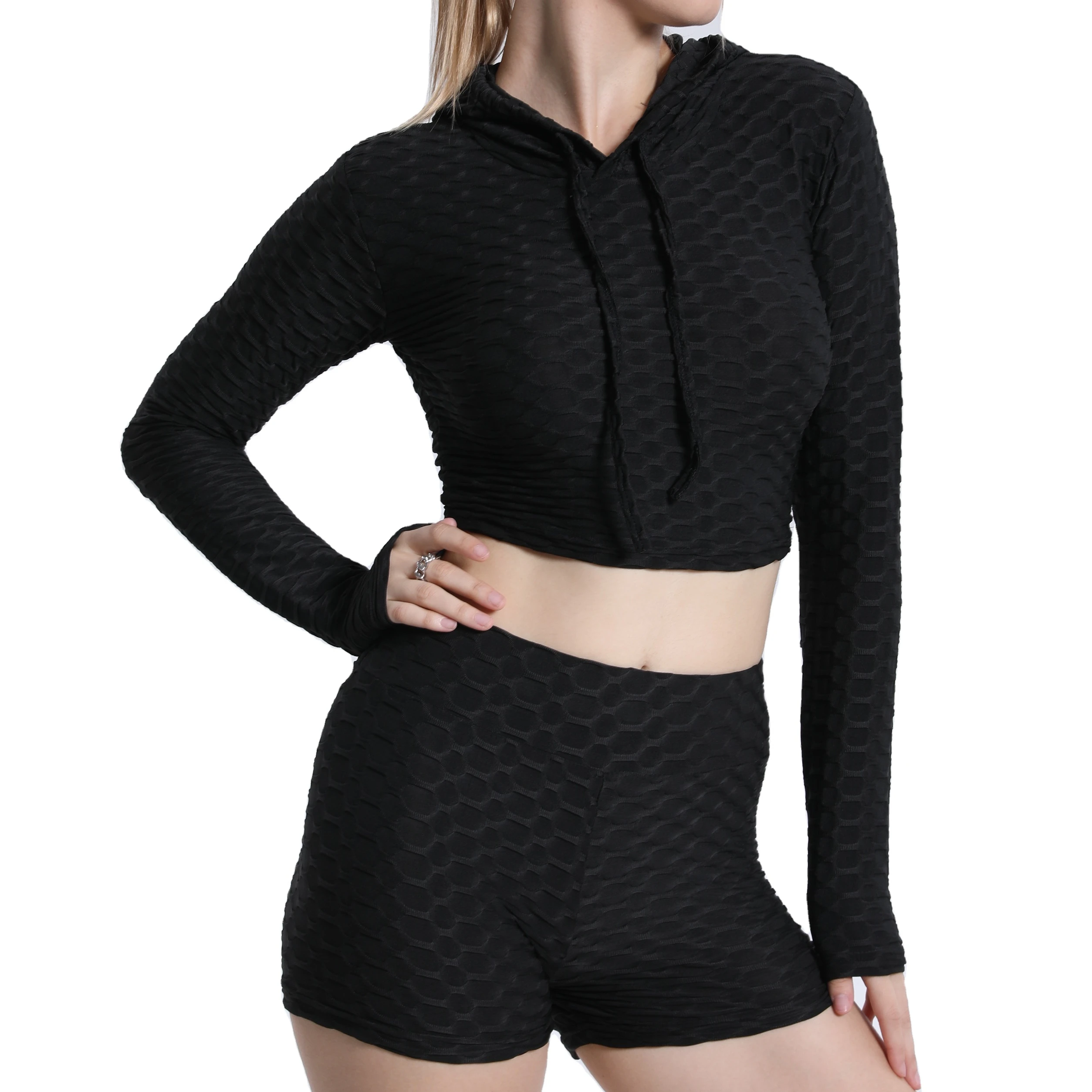 

Seamless Yoga Suit Women's Workout Suit Solid Color Long Sleeve Top and Yoga High Waist Shorts Fitness Sports Honeycomb Suit