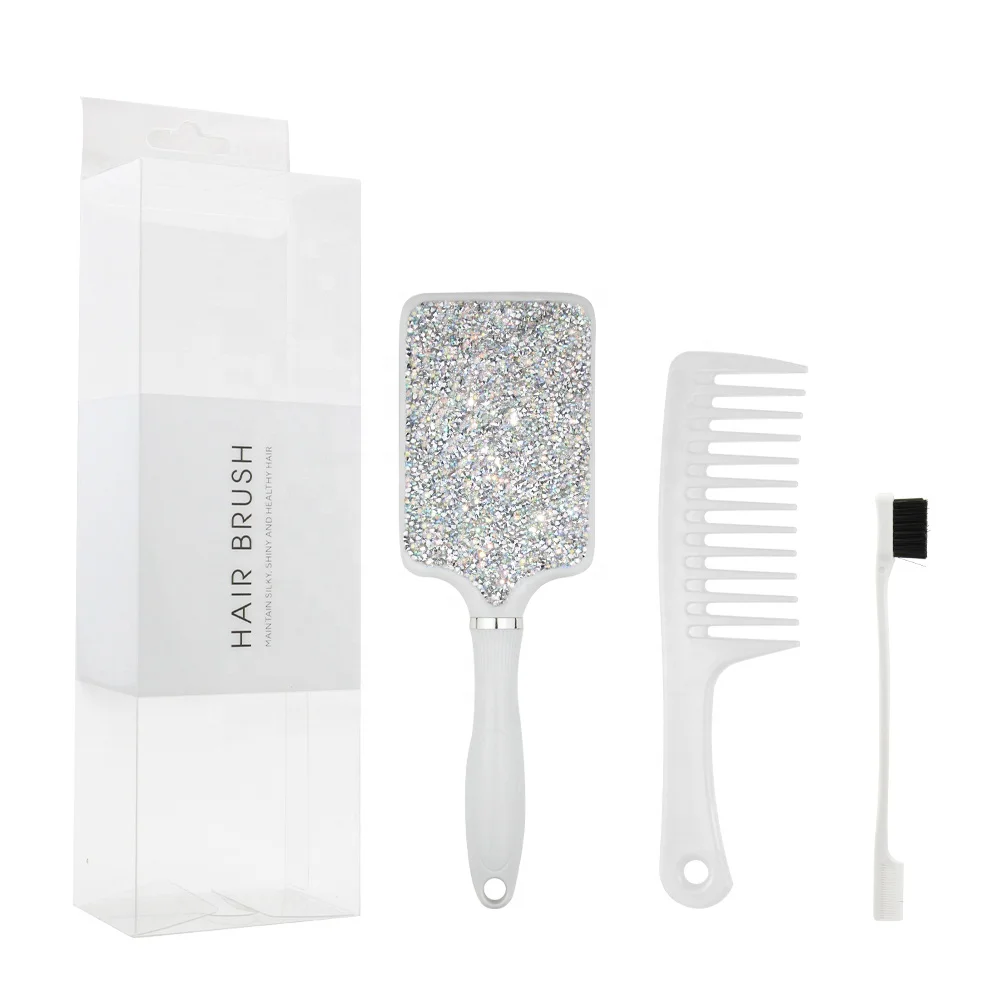 

3PCS Amazing Diamond Detangling Hair Brush Set Bling Bling Air Cushion Massage Comb With Wide Tooth Comb Edge Brushes, Silvery, colorful silver, pearly silver