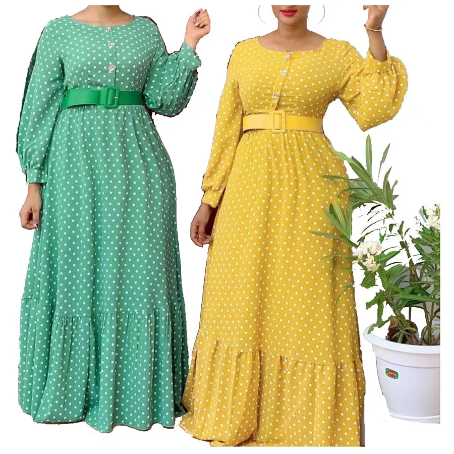 

Foma FM-244 Africa fashion polka dot ruffled dresses african long dress with belt for women casual clothing, 4 colors