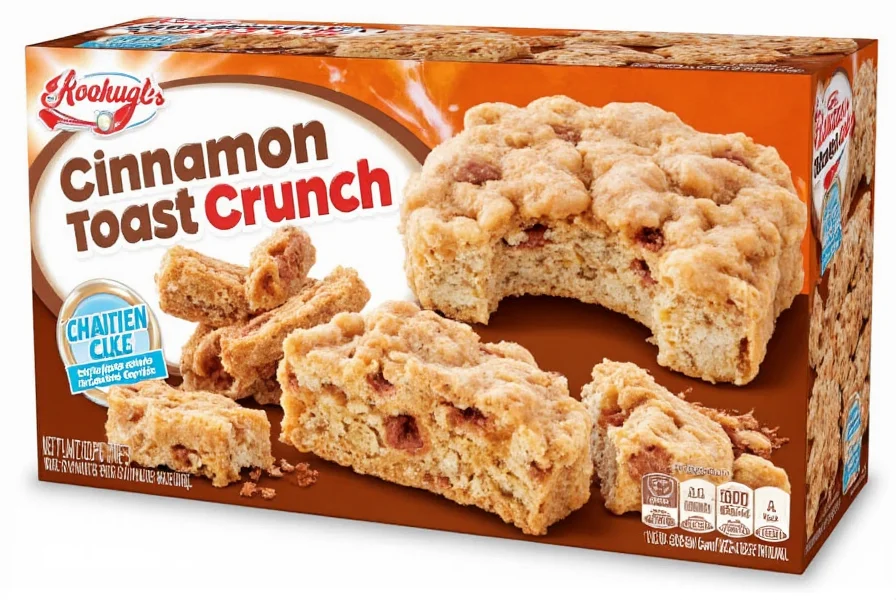 Close-up photo of Cinnamon Toast Crunch cereal bar showing the cereal pieces embedded in the bar structure with visible cinnamon sugar coating