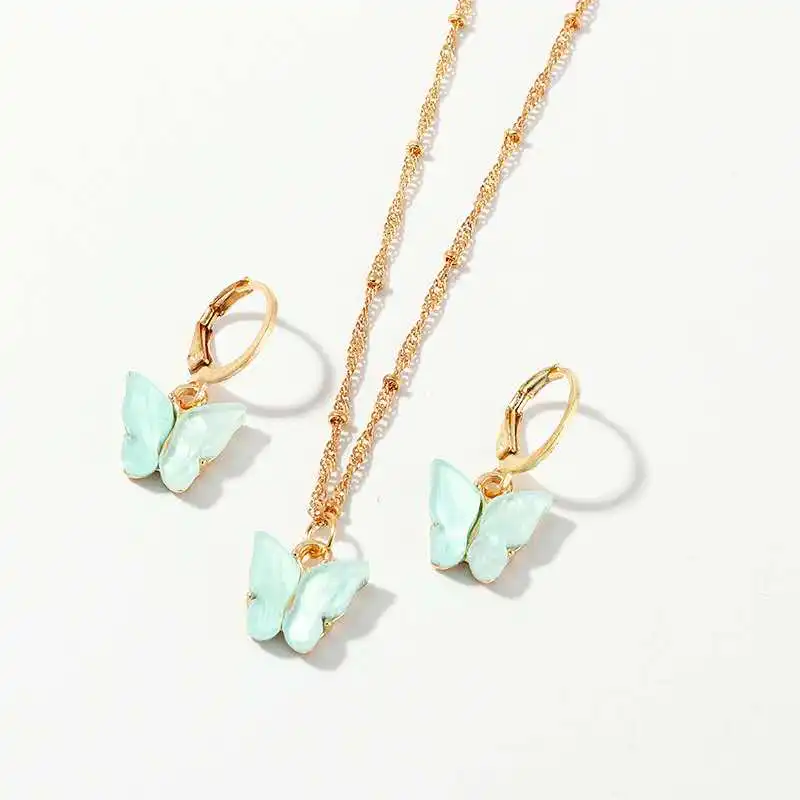 

Fashion trendy acrylic butterfly charm pendant gold blue pink butterfly earrings necklace jewelry set