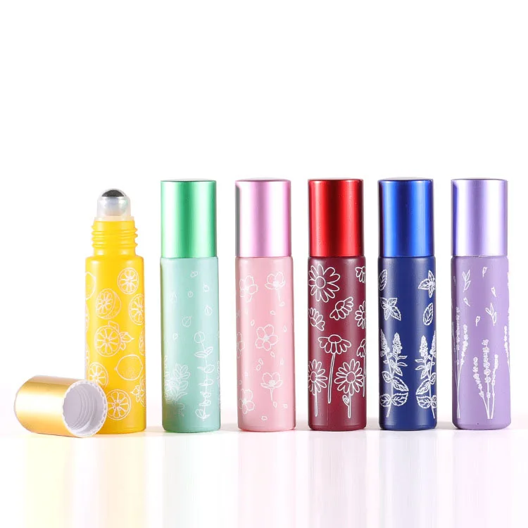 

Printed pattern fancy color glass perfume roller ball bottle 10ml empty essential oil cosmetic bottle