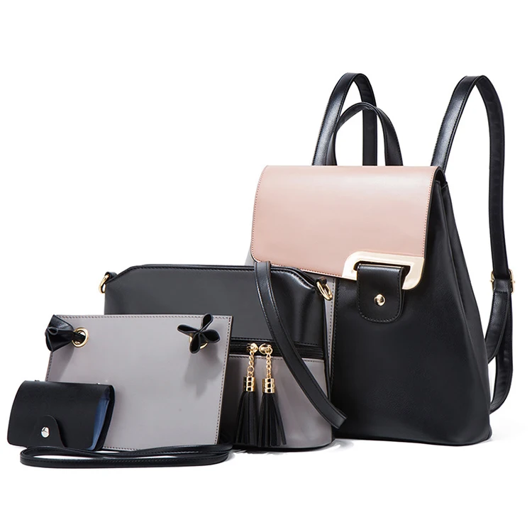 

EG599 Ladies contrast color handbags backbag pu leather 3 in 1 backpack sets for women