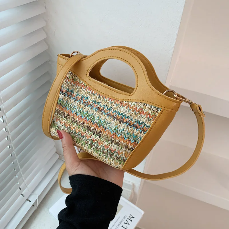 

2022 New Fashion Beach Crossbody Straw Bag Summer Simple Travel Women Small Handbags PU Patchwork Female Shoulder Bag, Customized color