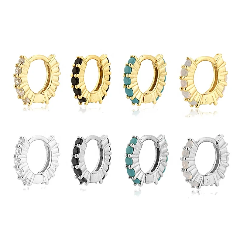 

925 Sterling Silver Gold 6.2mm Opals Huggies Hoops Piercing Clips 2021 Pendiente Luxury Small Jewellry Pave Zircon CZ