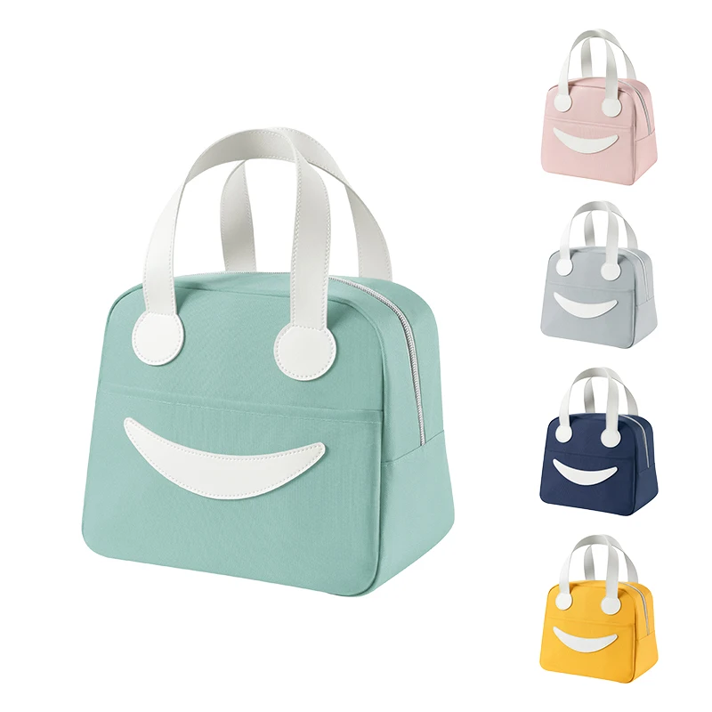 

Custom Logo smile Polyester Tote Cooler Lunch Bag Insulated for School Kids, Gray, yellow, navy, pink, green