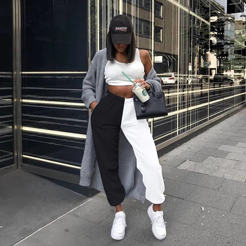 

CUTENOVA Z0048 Joggers Pants Women Patchwork Black White Outfit Casual Pants