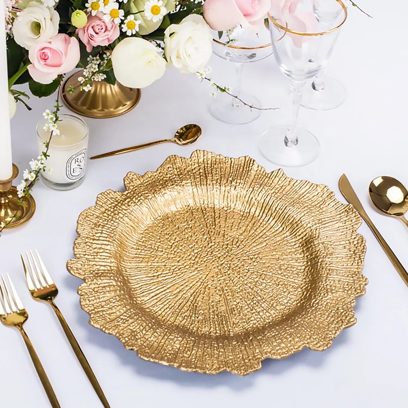 

gold silver charger plates Hot Selling bulk wholesale Round plastic charger decoration plate brass for wedding party, Customized color
