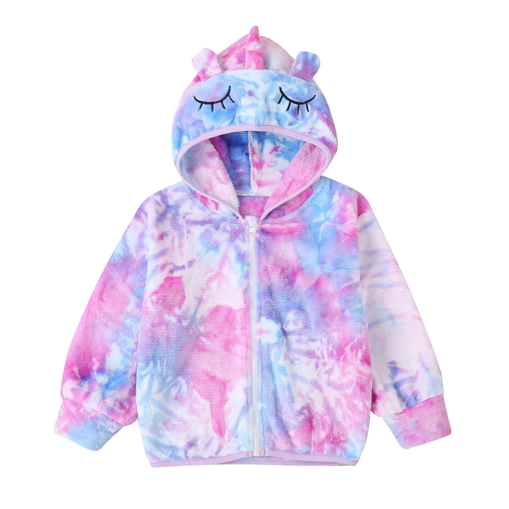 

Customize Long Sleeve Tie-Dye Hoodie 100% Polyester Windproof Girls Fall Coats Kids Cartoon Jacket