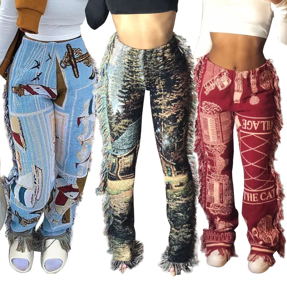 

MD-20112204 New Fashion Clothing Print Long Pants Casual Fringed Tassel Jogger Pants Women's Trousers