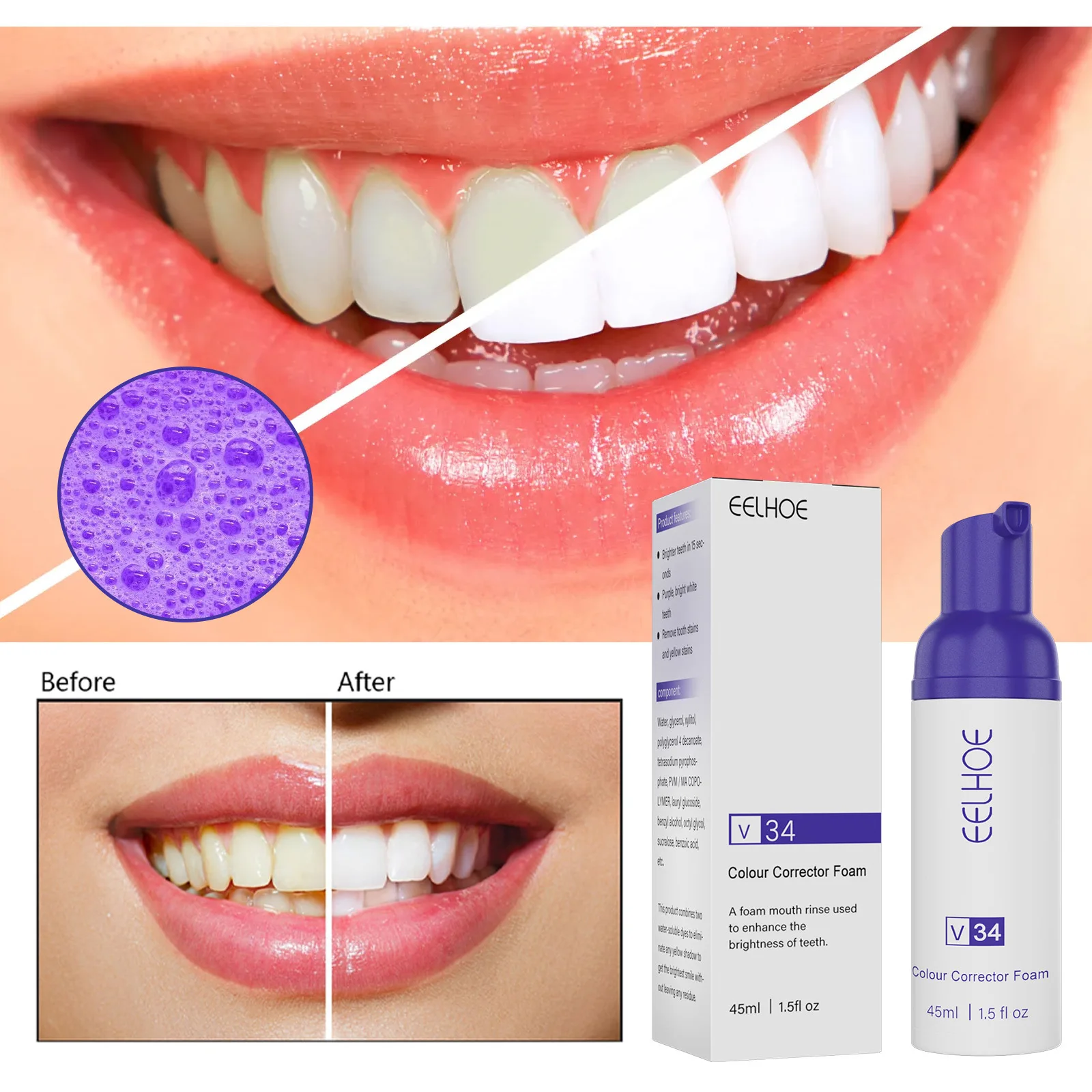 

eelhoe Teeth Cleansing Stains Removes Breath Freshen Teeth Whitening Mousse Oral Hygiene Mousse Foam Portable Travel Toothpaste