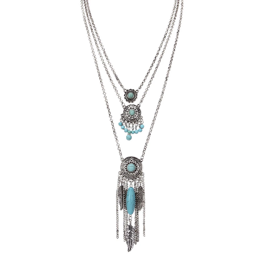 

Women Boho Antique Silver-Color Vintage 3 Layered Dream Catcher Feather Charm Tassel Necklaces Stone bead Necklace