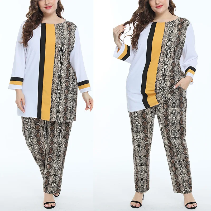 

women's clothing African plus size two-piece leopard print round neck pencil pants, As showed