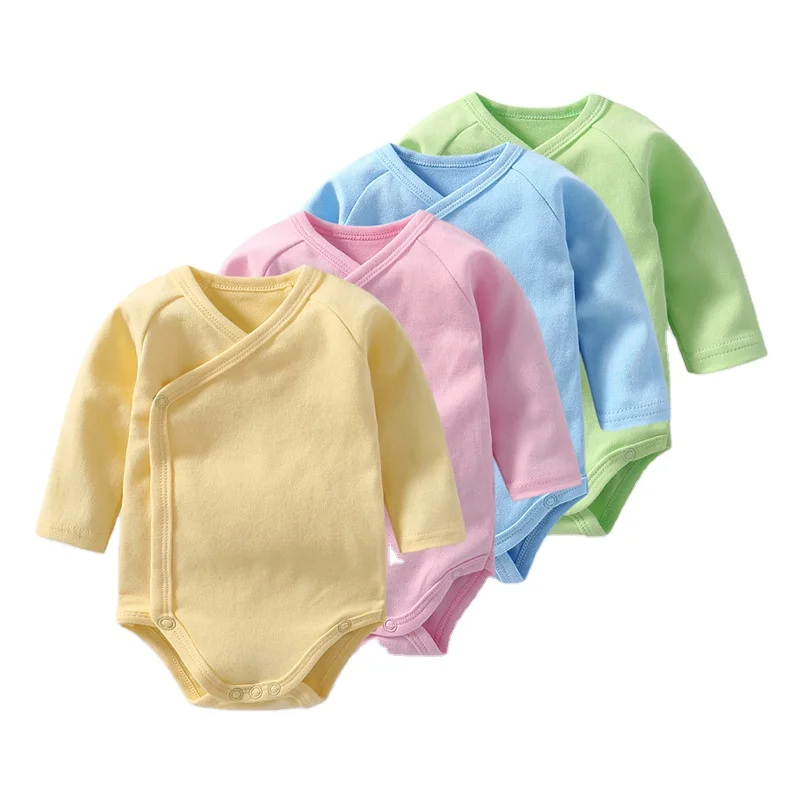 

Newborn baby cotton lean buckle one-piece romper boy and girl baby long-sleeved triangle romper, Picture shows