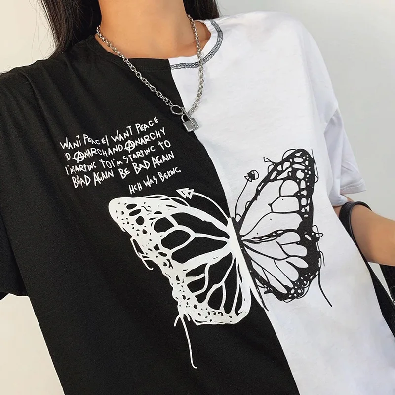 

s596a Hot style Matching butterfly Print loose fitting short sleeve T-shirt street Casual girl's top
