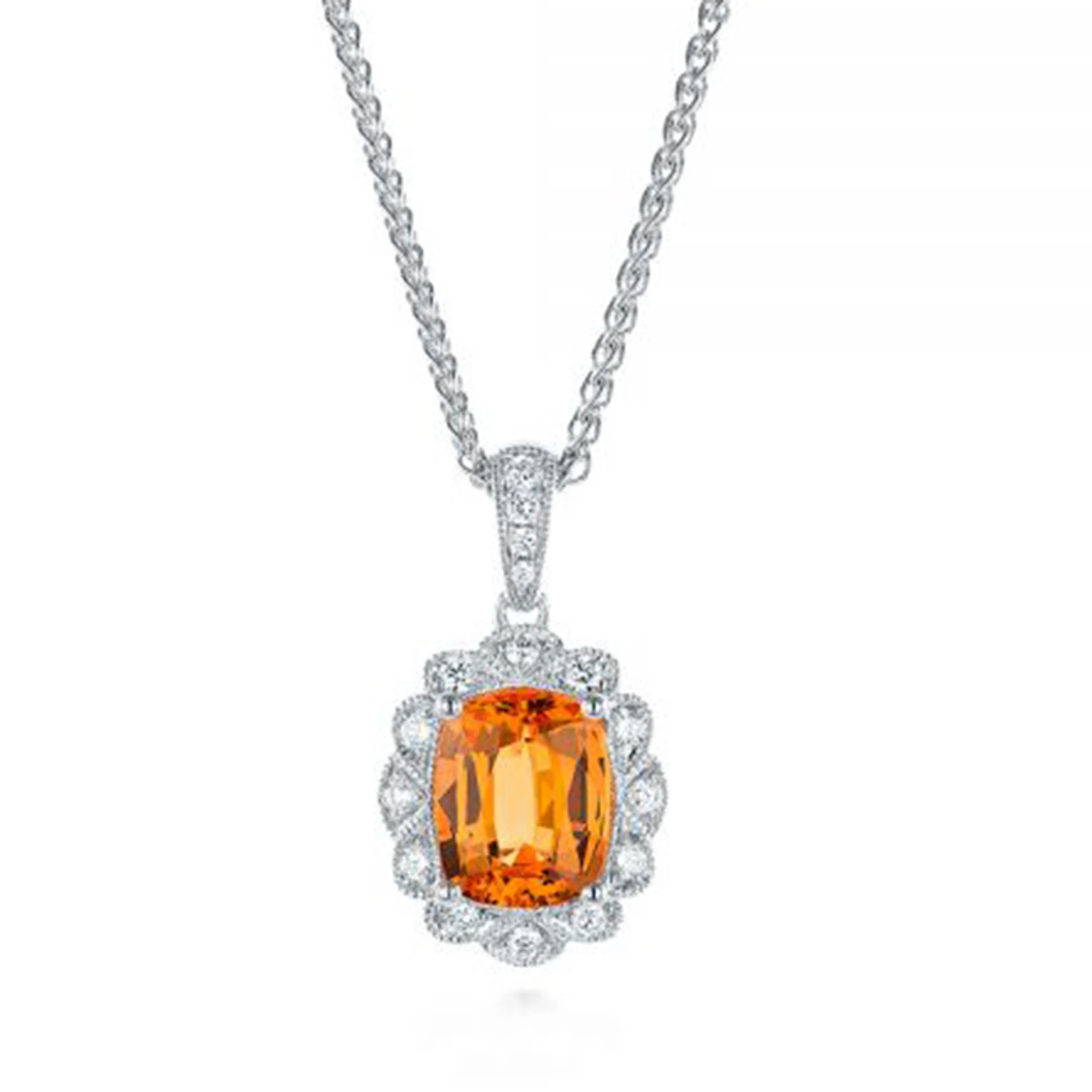 
Wholesale 925 Sterling Silver White Zircon Halo With Orange Color Sapphire Pendant For Girls  (1600093803183)