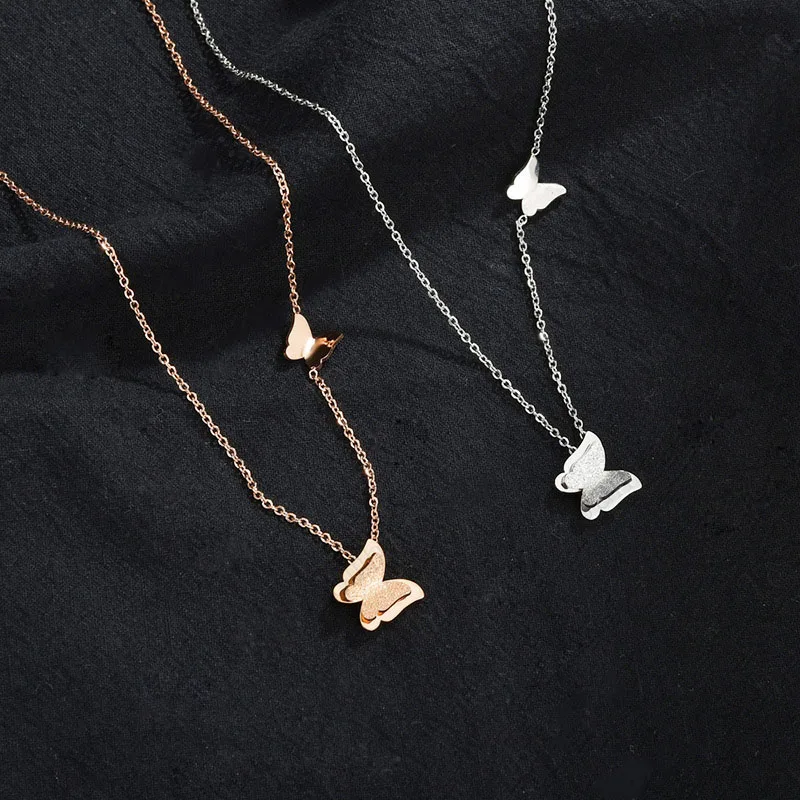 

NS1071 Newest Dainty Chic High Quality Stainless Steel Matte butterfly Charm Chain Necklace for Women Girls, Steel,rose gold