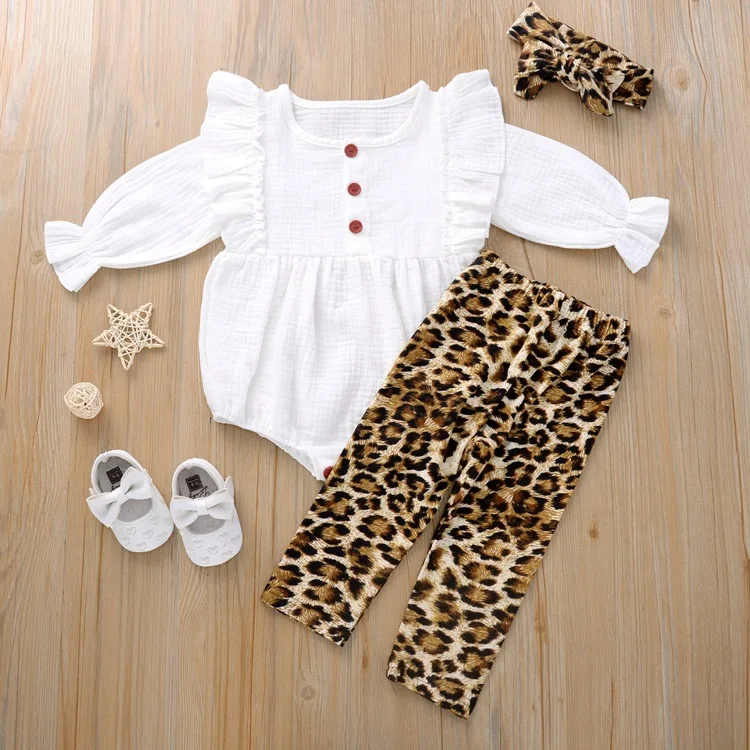 

2020 Autumn winter foreign trade new female lace lha leopard print long trousers three piece baby clothing sets for wholesale, As pic shows, we can according to your request also
