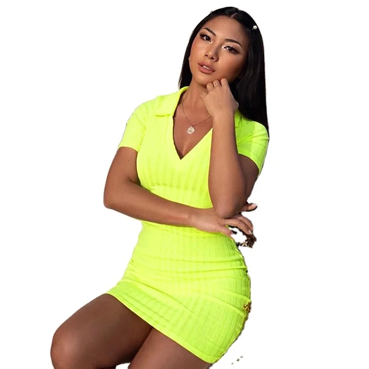 

2021 Spring Summer Casual V Neck Bright Color Short Sleeve Bodycon One Piece Women Fashion Dresses, Orange,orange,yellow