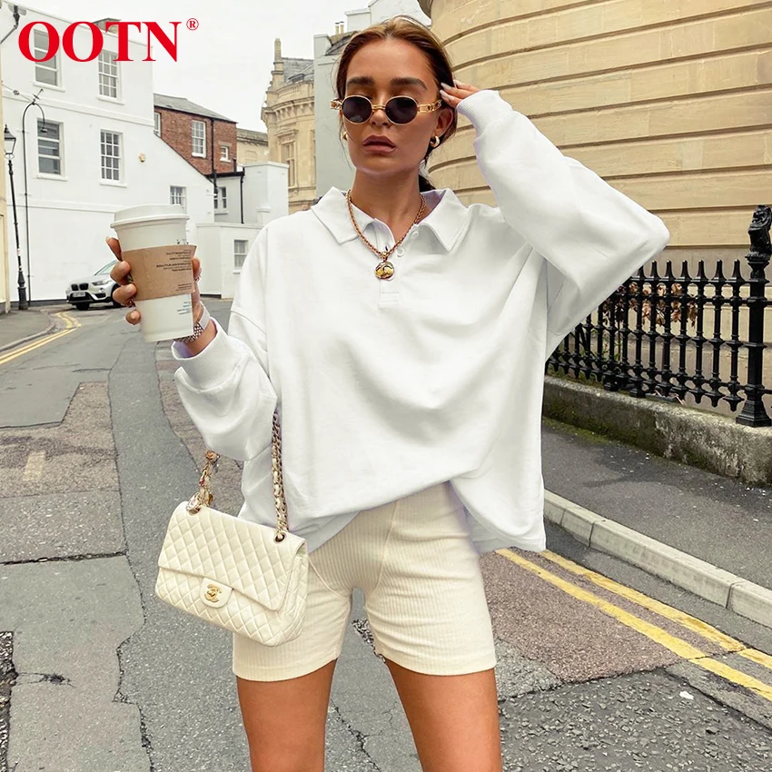 

OOTN Autumn Fashion Women Street Wear Long Sleeve Sweatshirt Casual Simple Loose Shirt White Turn Down Collar Sport Sweatshirts