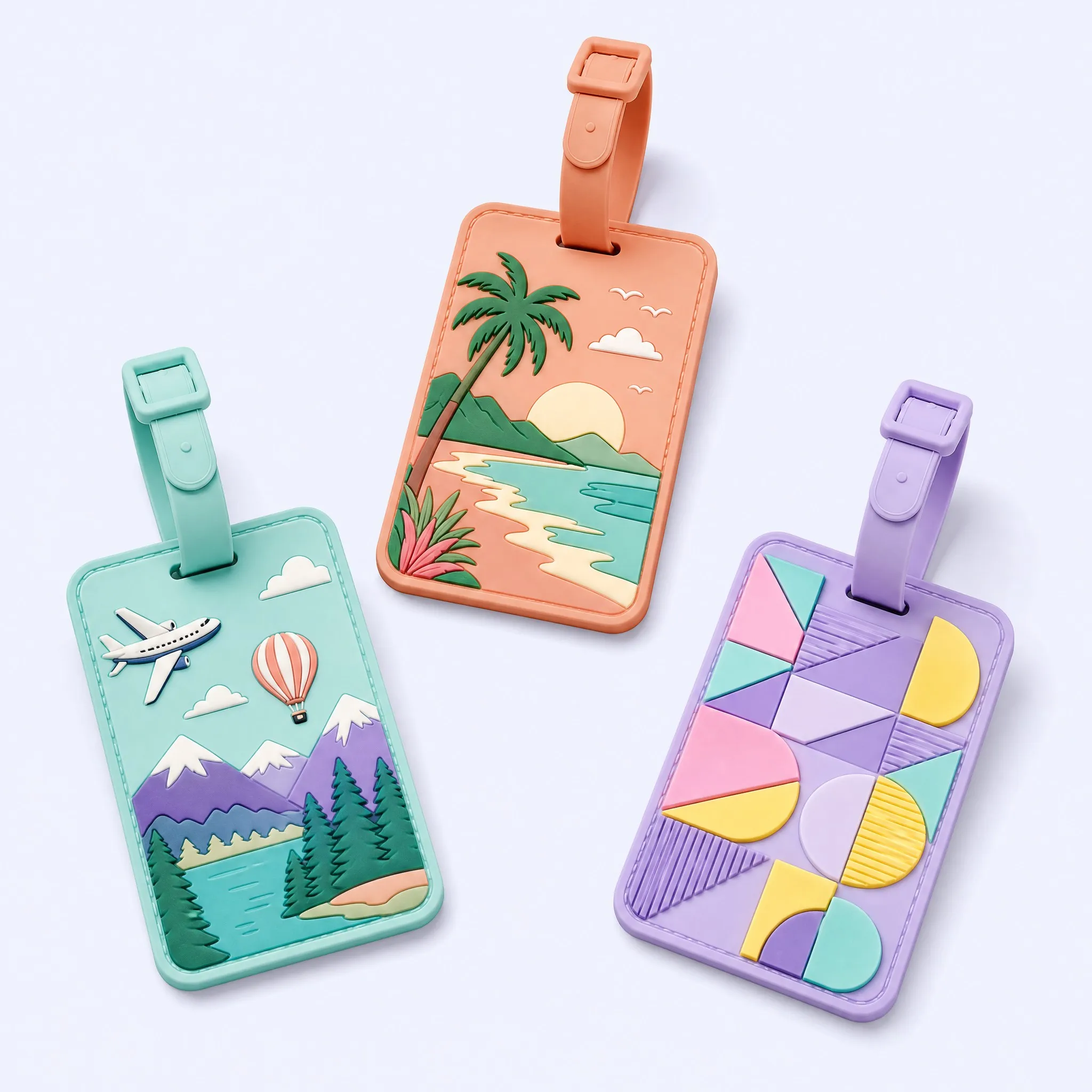 Custom 3D Soft PVC Pastel Macaron Luggage Tag Trio: Mint Mountain, Coral Beach, Lavender Blocks