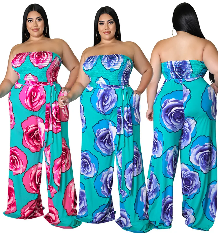 

C0401ME13 Hot Sale Plus Size Strapless Floral Print Wide Leg Jumpsuit Women Sehe Fashion