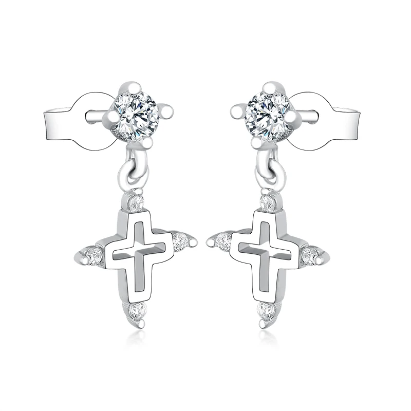 

New Design Fashion 100% 925 Sterling Silver Cross Clear CZ Stud Earrings for Women Authentic Silver Jewelry