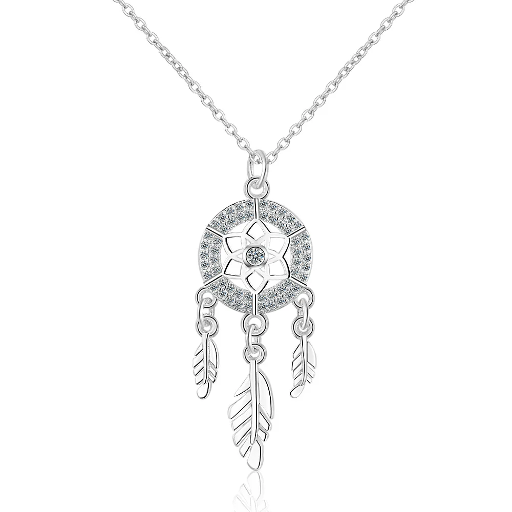 

925 Sterling Silver Feather Charm Necklace Pendant Silver Dream Catcher Pendant Statement Choker Necklace, Silver color